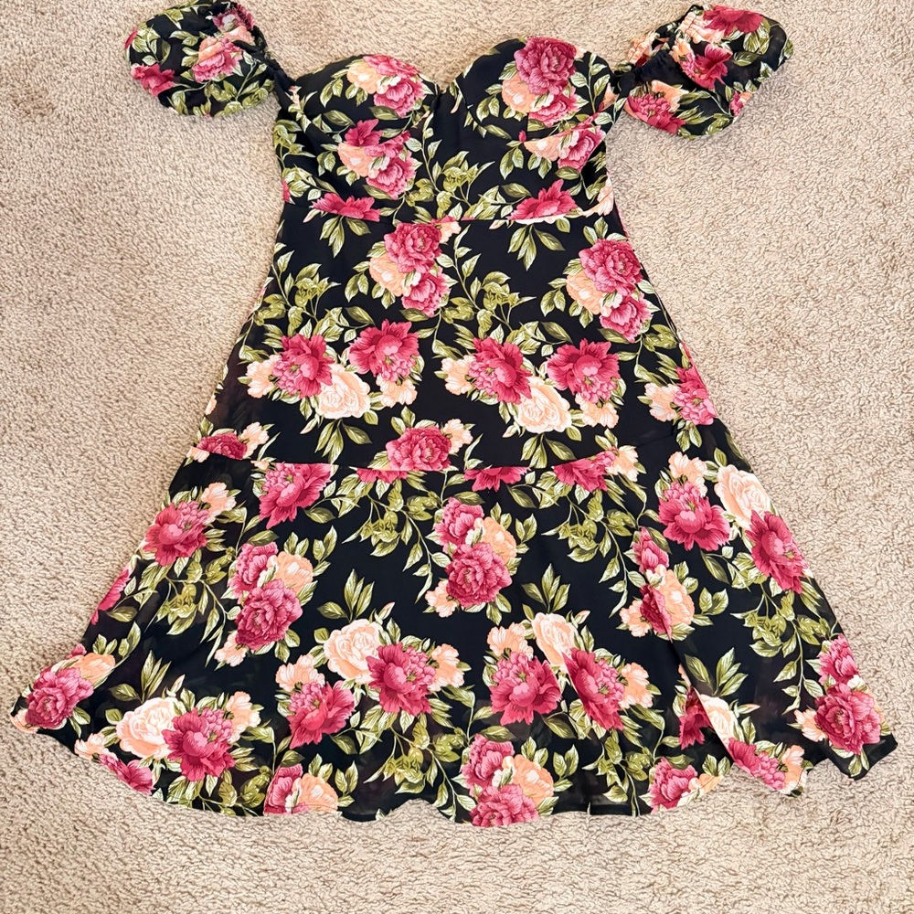 Nasty Gal Strapless Floral Dress - Black and Pink